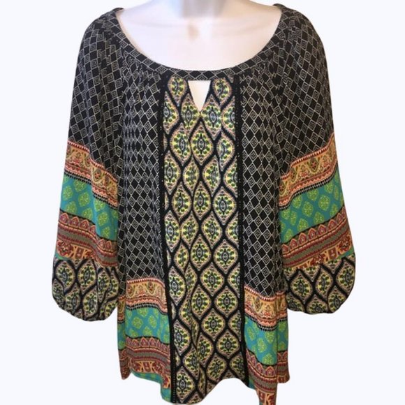 Olive Hill Tops - Olive Hill Top Mixed Print Boho Peasant Large